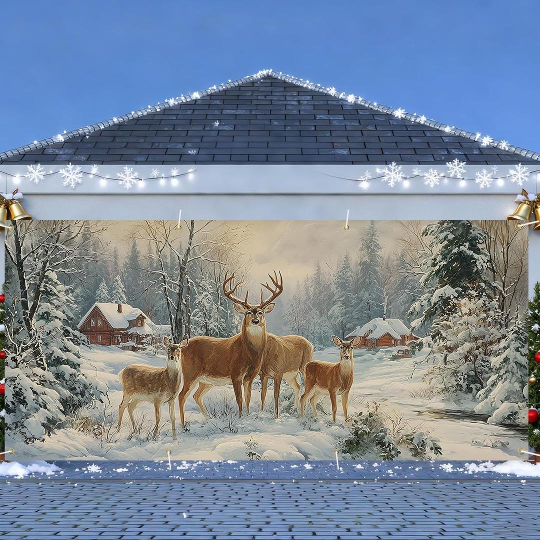 Winter Garage Door Banner 6x13FT, Winter Deer in Snowy Forest with Cabin, Large Christmas Garage Door Cover, Outdoor Garage Decoration Holiday Mural for Parties Home Driveway Xmas Decor
