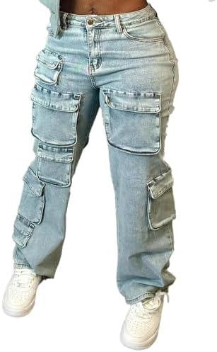 LKOUS Women's High Waist Cargo Jeans,Baggy Y2K Denim Pants with Multi Pockets, XXL
