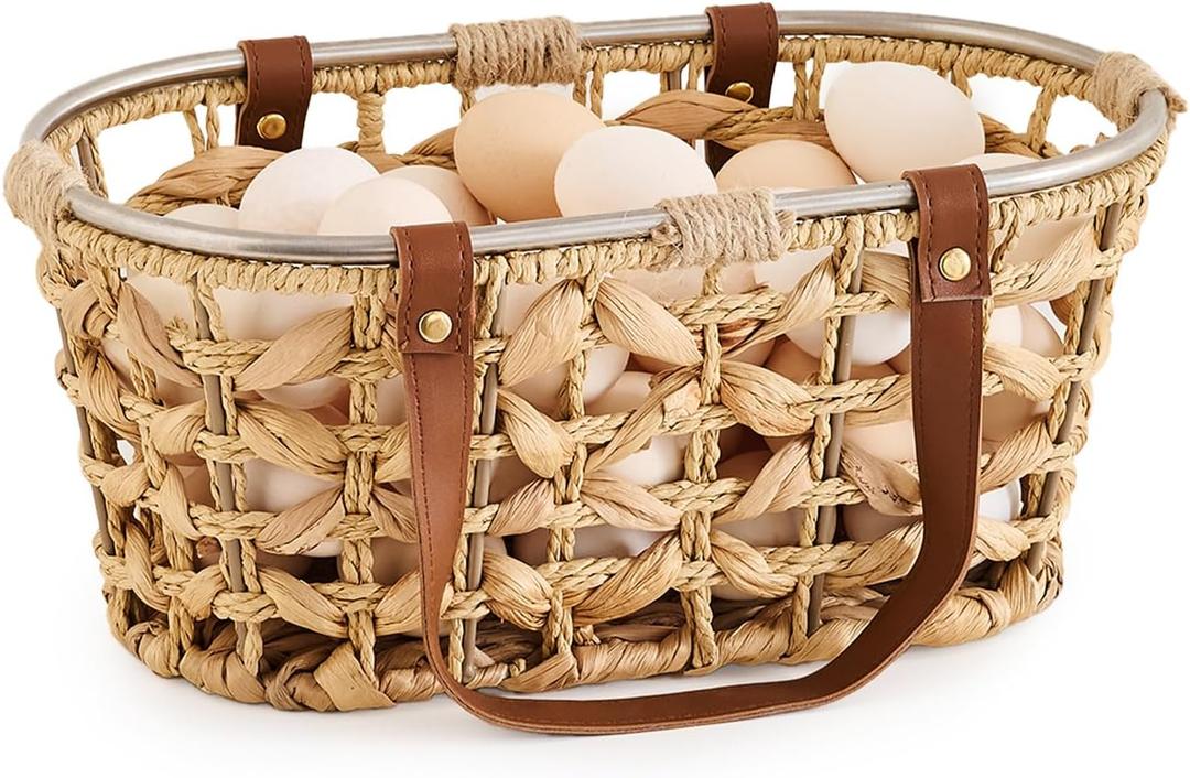 Egg Baskets for Collecting Fresh Eggs Farmhouse Handmade Wicker Hyacinth Egg Collecting Basket with Handle (Oval-Water Hyacinth)