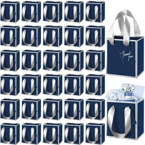 Yeaqee 50 Pcs Mini Metallic Paper Gift Bags with Handles 4x2.75x4.5'' Tiny Small Gift Bags with Thank You Tag for Wedding Graduation Birthday Party Return Gifts Jewelry Business (Navy Blue,Silver)