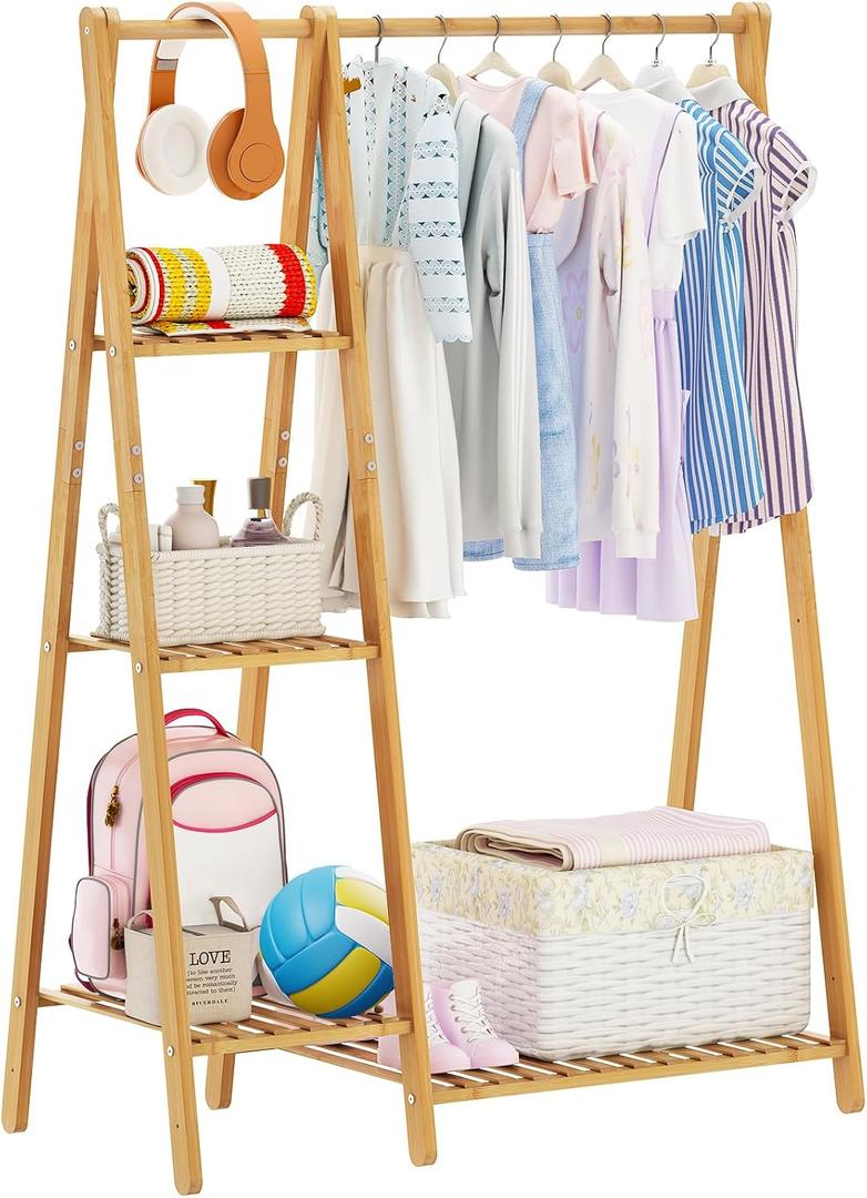 Small Clothes Racks,Kids Clothes Hanging Rack, Bamboo Wood Clothing Garment Rack with Shelves, Free Standing Corner Dress Costume Rack for Small Place,Bedroom,Bathroom, Portable