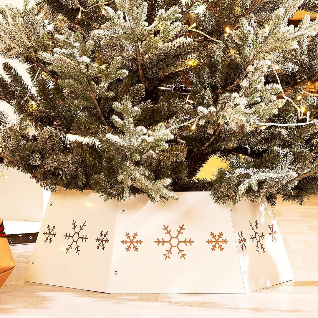 Metal Christmas Tree Collar with 3D Snowflake Authentic, Hexagon Heavy-Duty Iron Tree Base Cover for Pencil Tree, Tree Ring, Tree Skirt for Xmas Decor (Cream with Gold Flakes)