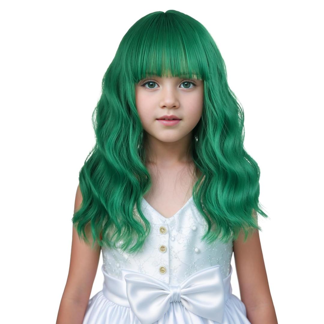 Dark Green Wig Short Green Wig with Air Bangs Wavy Curly Wigs Heat Resistant Synthetic Hair with Cap (Small Size)