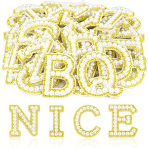 ASTARON 26 Pcs Self Adhesive Letter Patches Pearl Rhinestone Letter Stickers, Glitter Rhinestone Letters A-Z Embroidered Applique Patches Alphabet Cloth Patch for Clothes, Bags, Hat, Phone Case, DIY (White&Gold)