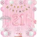 Trgowaul 21st Birthday Decorations for her, Pastel Light Pink and White Happy 21st Birthday Supplies for Girls, 21 Sash and Crown, Banner, Fringe Curtains, Cake Topper, 21 Year Old Party Supplies Set