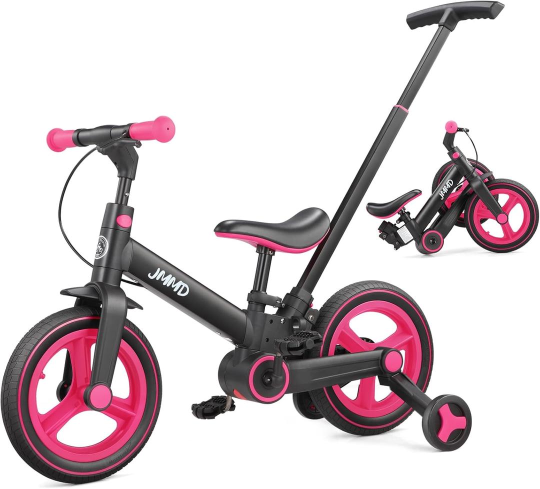 JMMD Toddler Bike with Push Handle for Kids 18-60 Months, 6 in 1 Foldable Push Bike with Training Wheels, Pedals, Brakes, Kickstand, Kid Balance Bike Gift & Toys for Boy & Girl (Large, Pink)