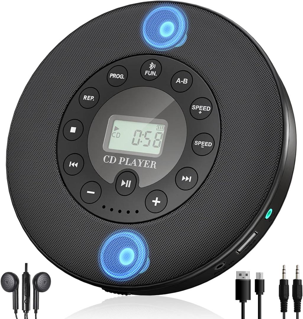 Lukasa Portable Bluetooth CD Player Built-in Speaker Stereo, Personal MP3 Players Rechargeable Compact Car Disc CD Music Player USB Play Anti-Shock Protection (Black)