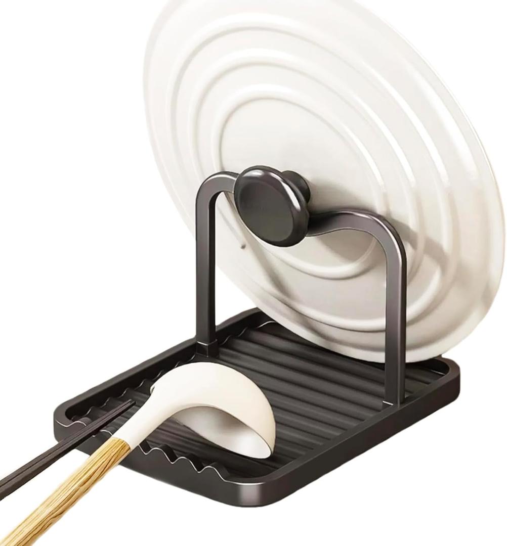 Anti-Rust Metal Spoon Rest with Lid Holder, Heat-Resistant Pot Lid Rest, Multifunctional Spatula Holder While Cooking for Stovetop and Kitchen Counter Black