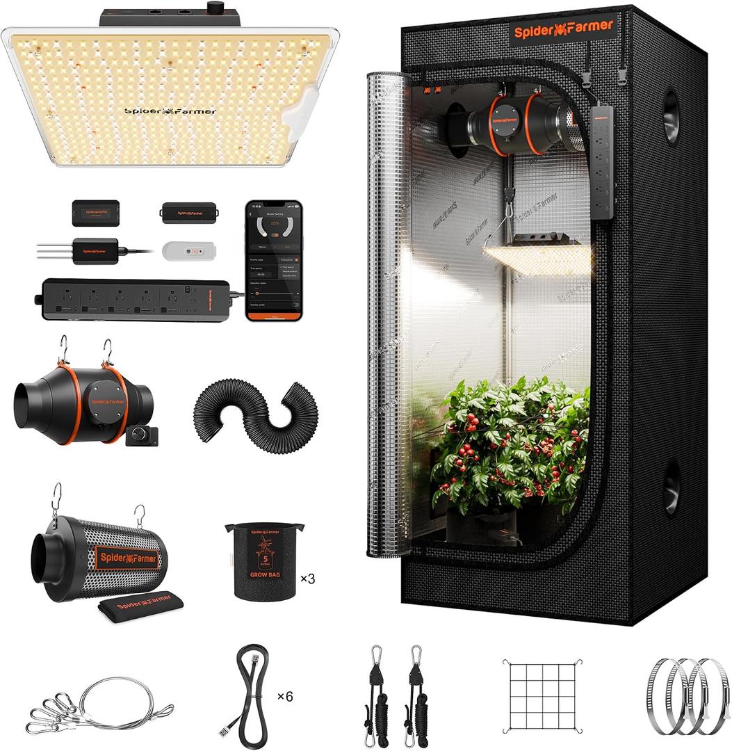 Spider Farmer 2x2x5ft Grow Tent Kit with GGS AC5 Power Strip Complete System, SF1000D Full Spectrum LED Grow Light 24"X24"X55" Indoor Tent with 4" Ventilation System