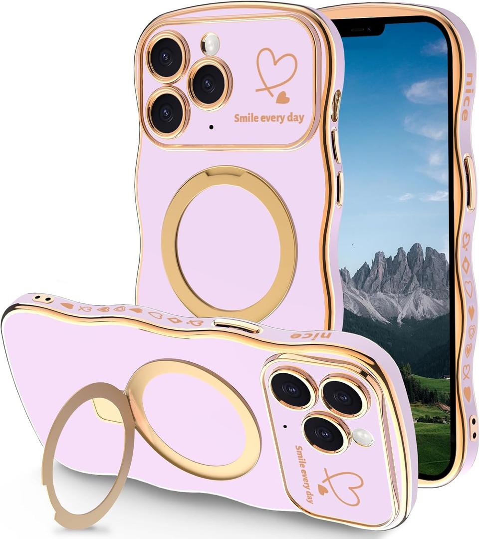 Case for iPhone 11 Pro Max with Magnetic Stand, Luxury Plating Curly Wavy Frame and Cute Heart Pattern, Lens Edge Raised Protection, Slim Shockproof Soft Case for iPhone 11 Pro Max-Light Purple