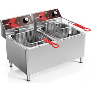 Deep fryers Commercial Deep Fryer 12L x 2 Large Dual Tank Electric Countertop Fryer for Restaurant with 2 Frying Baskets and Lids, 1800W x 2, 120V