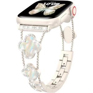 CTYBB Bling Diamond Band Compatible with Apple Watch Bands for Women 42mm 44mm 45mm 46mm Series 11 10 9 8 7 6 5 4 SE 3 2 1, Sparkle Metal Bracelet Wristband, Cute Lucky Clover Dressy iWatch Band,Starlight/White