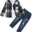 FoWear Toddler Boy Clothes Long Sleeve Flannel Button Down Plaid Shirt+White T-shirt+Pants Boys Clothes Fall/ Winter 2-3T