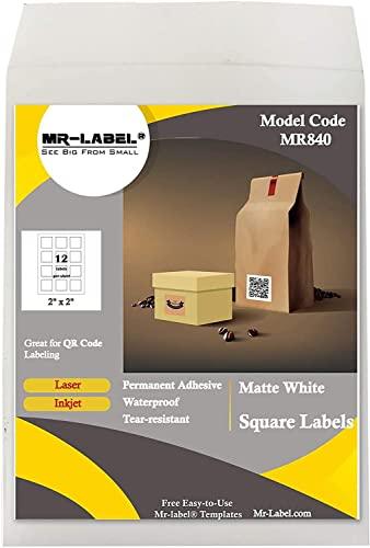 Mr-Label 2" Square White Synthetic Paper Sticker Label - Waterproof and Tear-Resistant - for Inkjet & Laser Printer - for Food Package | Gift Bag | Jar (100 Sheets Total 1200 Labels)