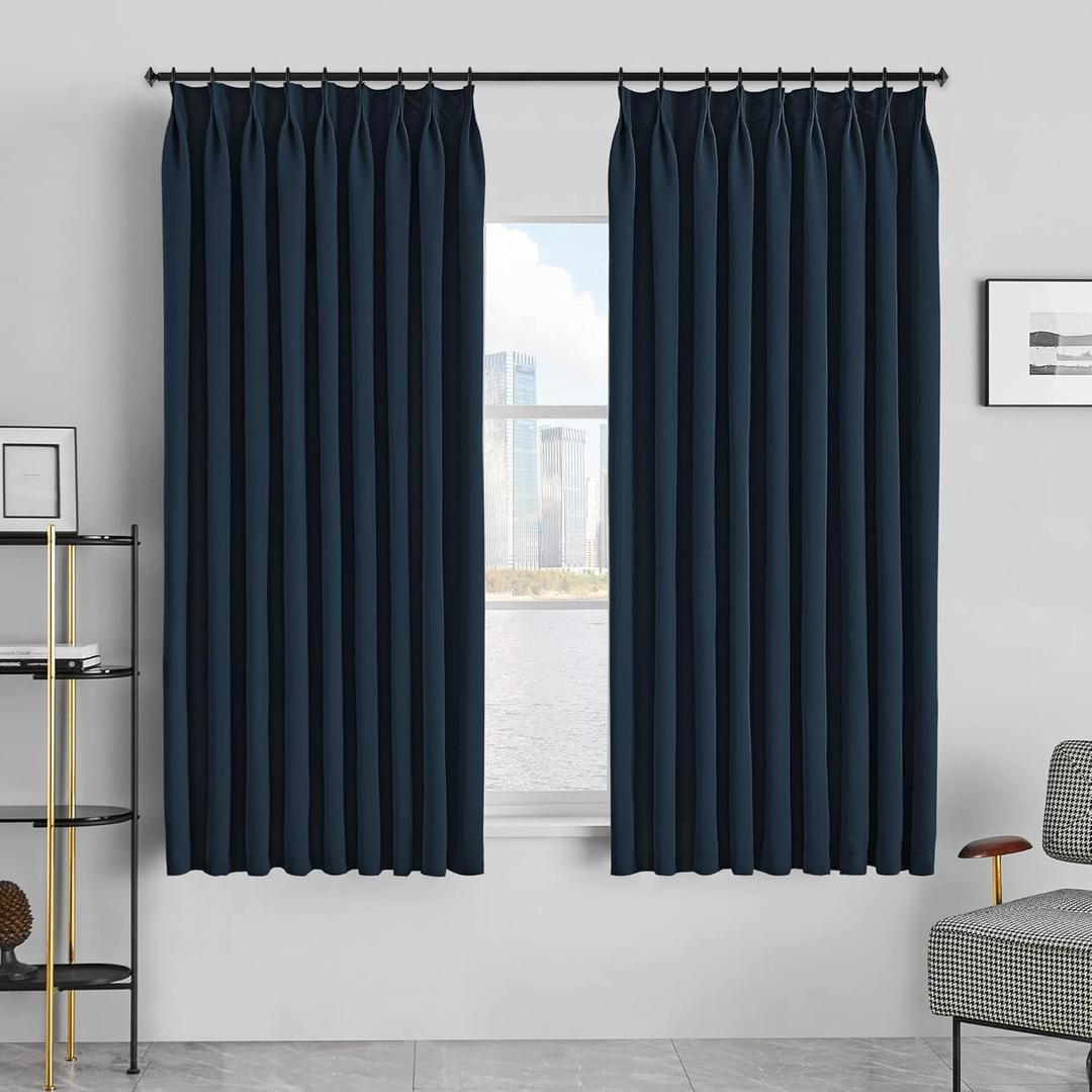MAIHER Pinch Pleat Curtain for Living Room, Room Darkening Light Blocking 63 Inches Long Window Treatment Panel for Bedroom, Office, Navy Blue, 54" W x 63" L, 1 Panel