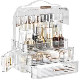 LINFIDITE Cosmetics Storage Box Transparent Lid Large Makeup Organizer Box Drawers Portable Handle Waterproof Dustproof Skincare Display Cases for Countertop, Bathroom, Dresser,Gift Clear (Clear-White)