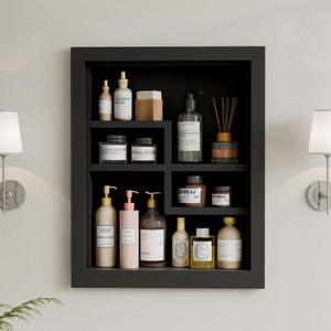 Solid Wood 14 X 18 Recessed Medicine Cabinet,2-Tier, Medicine Cabinet Organizer,Wall Niche, Bathroom Wall Cabinet, Recessed Bathroom Cabinet, Bathroom Cabinet with Storage Black