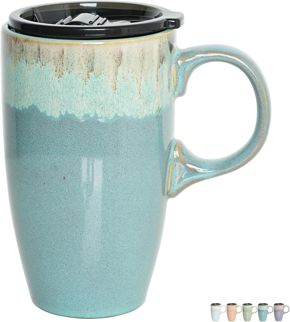 Bosmarlin Ceramic Travel Coffee Mug with Handle and Lid, 18 oz, Portable Coffee Cup for Car Cup Holder, Microwave and Dishwasher Safe, Reactive Glaze (Peacock Blue)