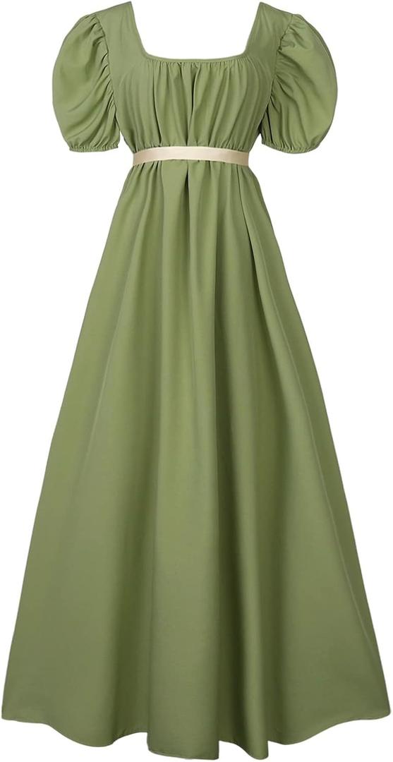 Regency Dresses for Women with Satin Sash Ruffled Puff Sleeve Empire Waist Dress Gown (Large, Oliver)