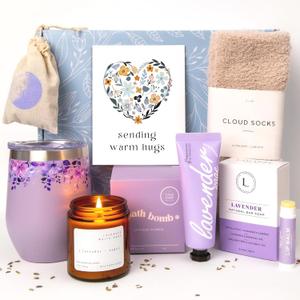 Unboxme Lavender Spa Gift Basket For Women - Mother's Day Relaxation Gift Set with Scented Candle, Tumbler, Bath Bomb, Soap, Socks & Hand Cream - Self Care Package with Card
