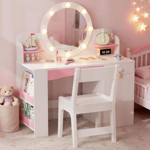 Teckid Kids Vanity Table and Chair Set with Lighted Mirror Storage Drawers Shelves for Little Girls, Large