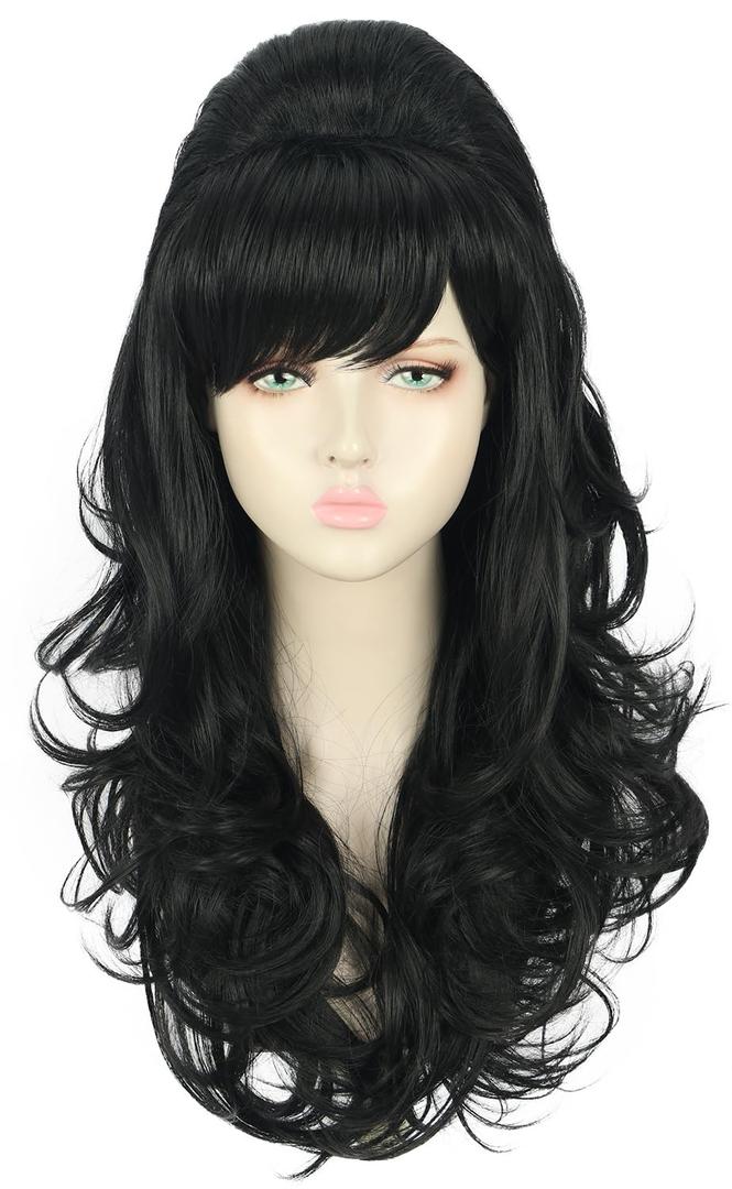 yuehong Long Black Wavy Women Wig Big Bouffant Beehive 60s 70s Cosplay Costume Wig Resistant Synthetic Fibers Fluffy Durable Soft Hair