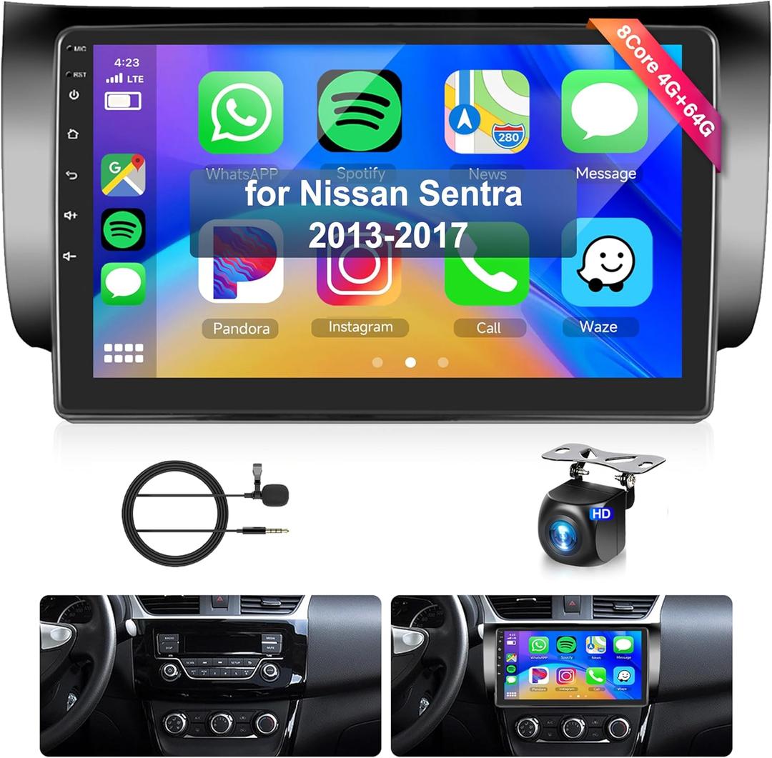 8Core 4+64G for Nissan Sentra 2013-2017 Android Car Stereo with Wireless Carplay Android Auto,10.1 HD 1280*720P IPS Touchscreen Car Radio GPS WiFi 46EQ DSP Audio Bluetooth 5.0 SWC+Backup Camera&Mic