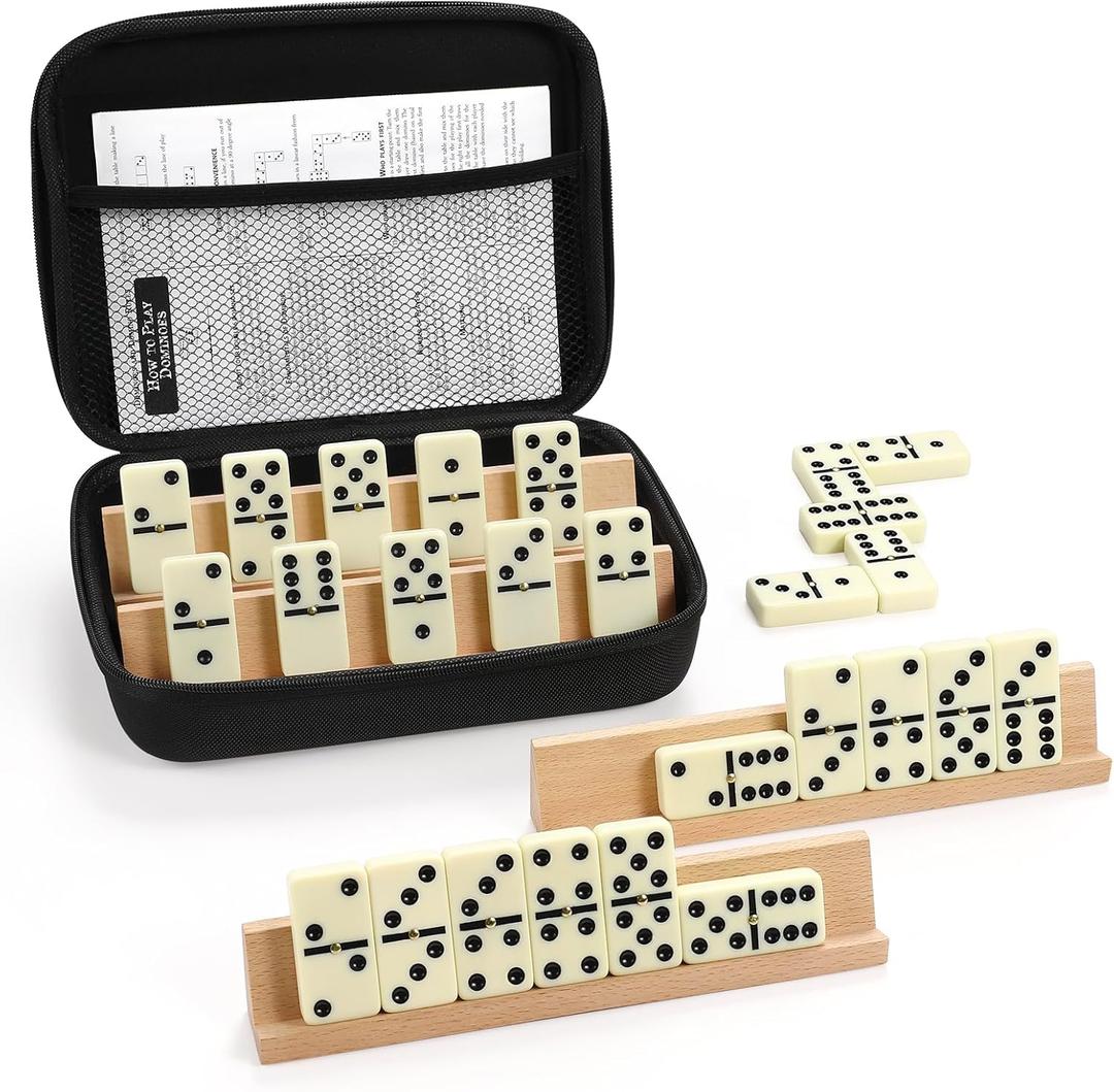 Jumbo Dominos Set for Adults with 4 Wooden Racks/Trays, Double 6 Dominoes Travel Set with Portable Case Double Six Dominoes Set with 4 Tiles Holders, 28 Tiles Dominos Set for Family Board Games (White)