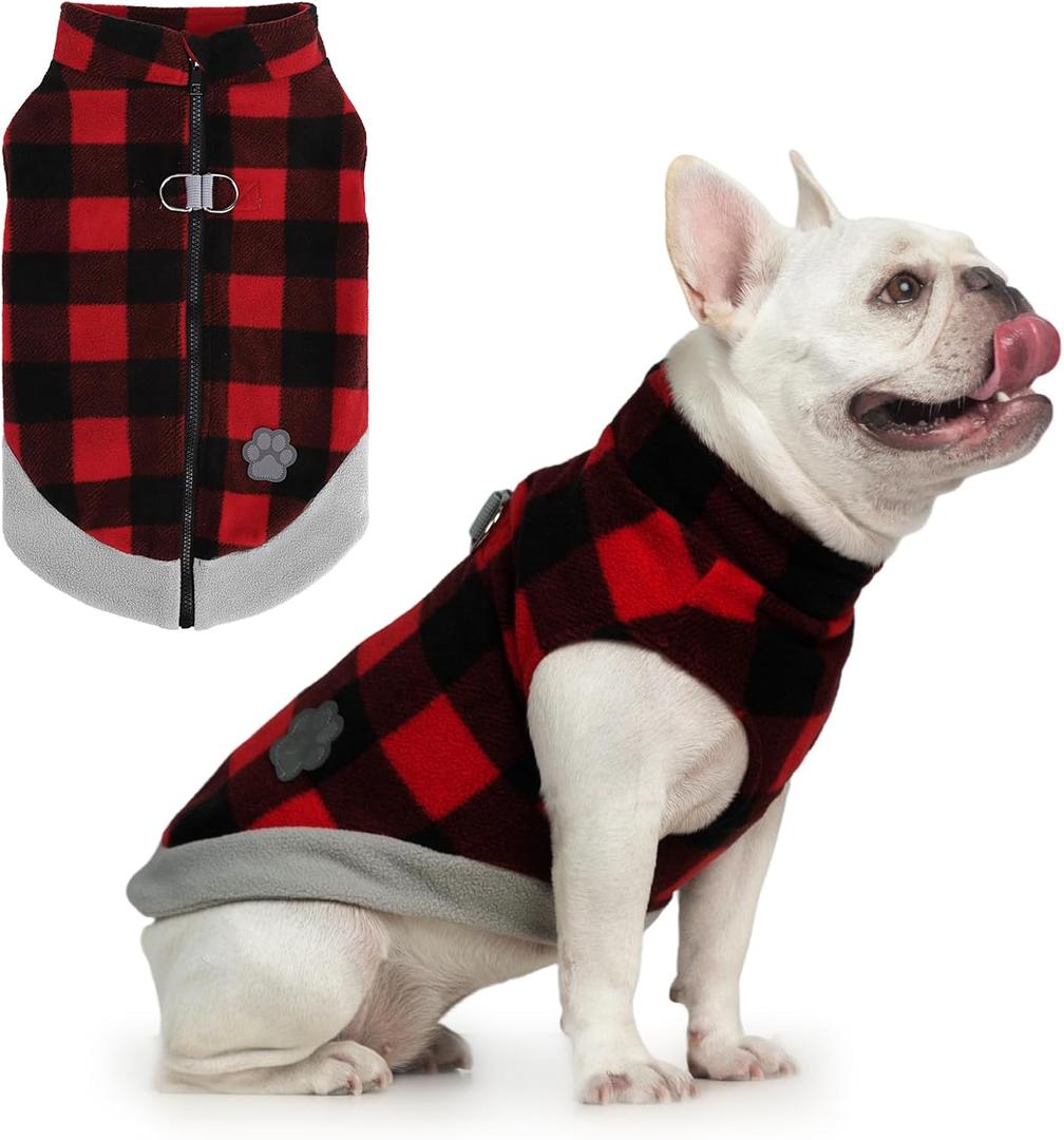 Mihachi Dog Fleece Vest Sweater Zip Up Warm Pullover Step-in Dog Jacket with Dual D-Ring Leash, Winter Cold Weather Reflective Coat Clothes Hoodie for Small Medium Dogs Puppy Cat Boy Girl,Plaid M (Medium(Chest: 17", Neck: 14", Back: 12"))