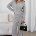 Dokotoo 2 Piece Lounge Sets for Women Ribbed Knit Button V Neck Long Sleeve Tops Matching Pants Pajamas Set 2025 Fall Outfits (X-Large, Grey)