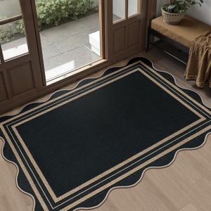 Easy Jute Black Front Door Mat, 2.6x4 Washable Entryway Rug Non Slip Small Kitchen Rug, Farmhouse Low Pile Floor Scalloped Rugs for Bathroom Porch Doorway