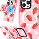 Lotadilo Cute Case for iPhone 16 Pro for Women Girls - Funny Strawberry Design Compatible with Magsafe Magnetic Ring Holder Kickstand Fashion TPU Phone Covers