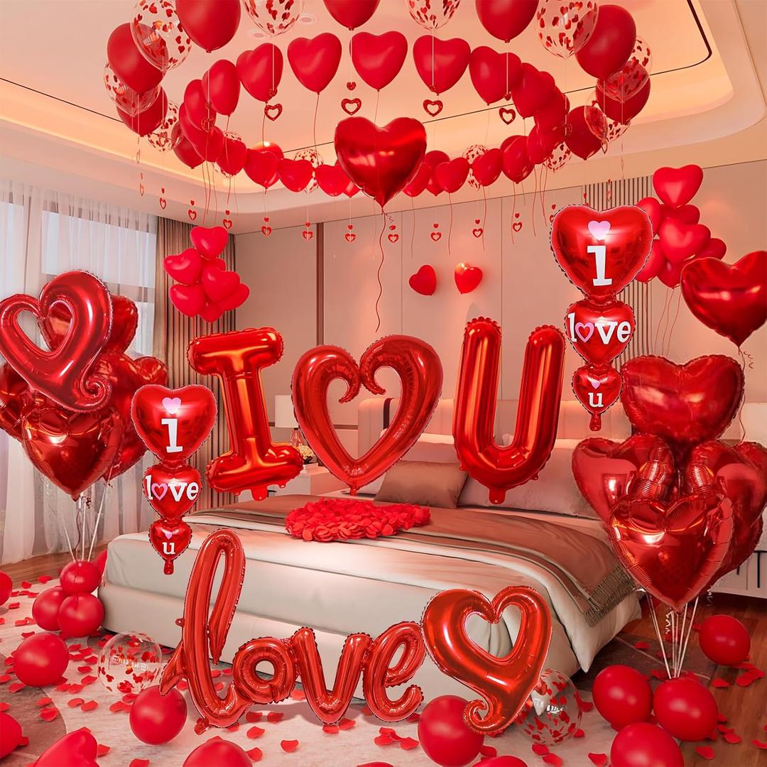 36in I Love You for Her/Him Balloons, 1126pcs Happy Anniversary Decorations with Red Heart Confetti Balloons Rose Petals, Heart Hanging for Valentines Anniversary Day Wedding Romantic Special Night