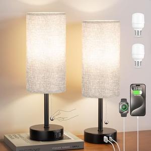 Grey Bedside Lamps for Bedroom Set of 2 - 14 Inches Tall Nightstand Table Lamp with USB A + C Charging Port, 3 Color Temperatures Pull Chain Night Stand Light, Small Desk Reading Lamp for Dorm Room - Amazon.com