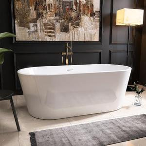 59" Acrylic Freestanding Bathtub, Free Standing Tub, Stand Alone Tub, Soaking Tub with Integrated Overflow and Drain, cUPC Certified, Gloss White