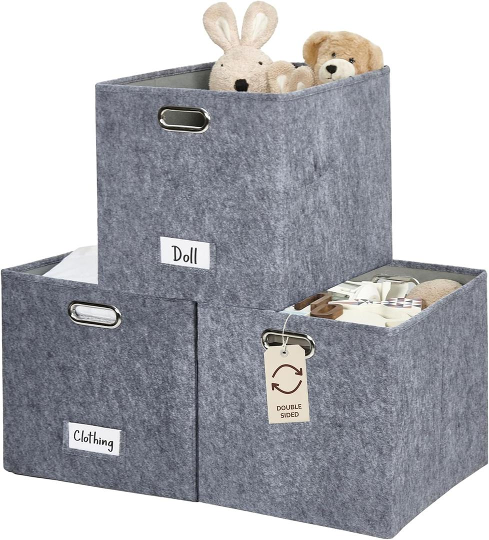 DECOMOMO Felt Storage Bins 13x15x13 Storage Cube Bins with Labels, Baskets for Organizing Shelves (Kallax / 3pcs, Dark Grey)