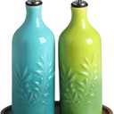 Sweejar Ceramic Olive Oil Dispenser Bottle, 20 Oz Relief Opaque Oil Cruet Protects To Reduce Oxidation, Suitable for Storage, Vinegar, Soy Sauce,Liquids,Set of 2 (Gradient Blue Gradient Green)