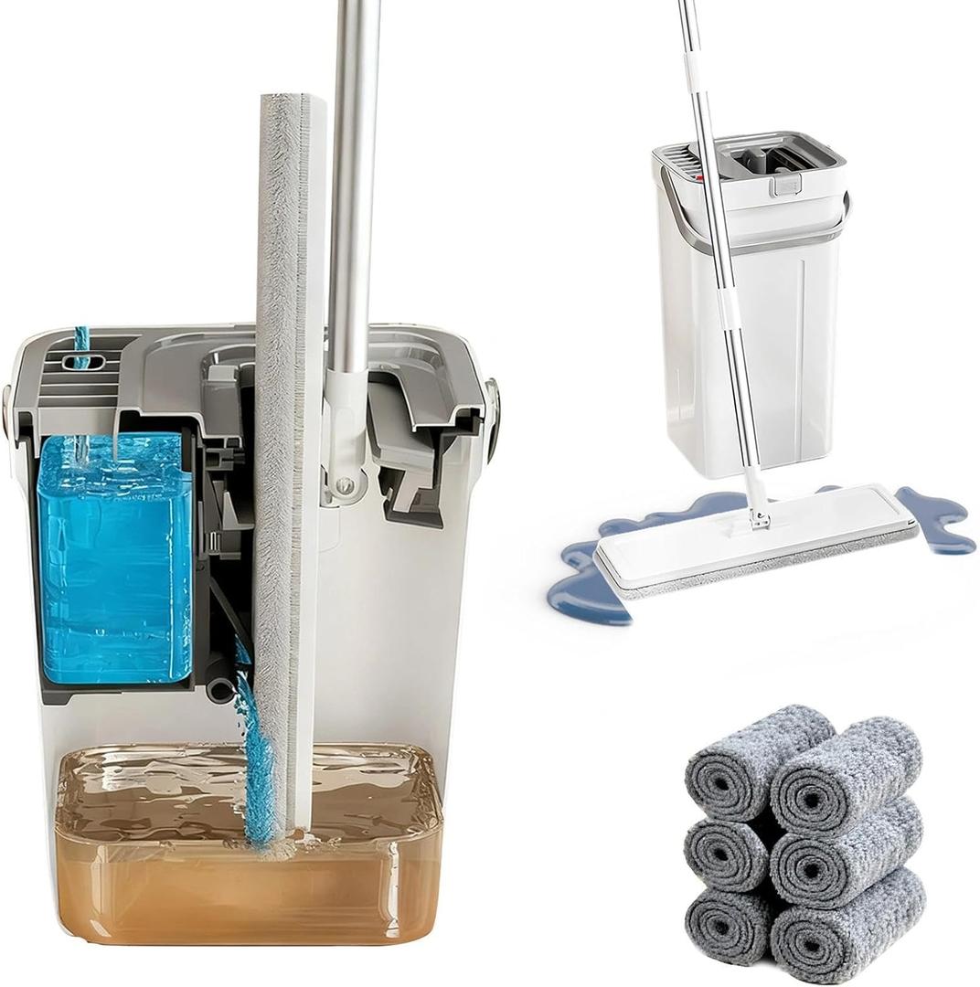 Meetue Mop and Bucket Set, Flat Mop and Bucket System with Wringer, Automatic Separates Dirty and Clean Water Include 6 Reusable Microfiber Mops for Floor Cleaning