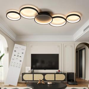 Modern LED Flush Mount Ceiling Light - 55w dimmable Ceiling Light Fixture, 5rings Ceiling lamp for Living Room,Bedroom,Dining Room,Office (Black)