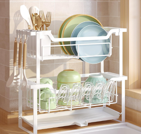 KOSIWU Dish Rack with Drainboard, Organizes Dishes and Bathroom Items for Narrow Spaces, TwoStory Drying Rack Fits 12 Plates 12 Bows 5 Glasses 4 Hooks and Some Cutlery, White