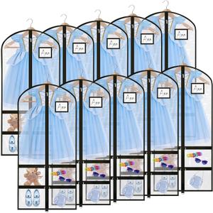 Paterr 10 Pcs 50 Inch Clear Dance Costume Garment Bag Plastic Garment Cover for Dance Competitions, with Zipper Multiple Pockets for Dancers Hanging Clothes Organizer Travel Storage(Clear Black)