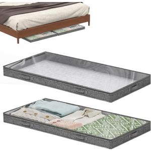 3 Inch Low Profile Under Bed Storage Containers, No-Structure, Foldable Underbed Storage Organizer with Lid and Zipper for Clothes, Blankets, Pillows and Shoes (Grey, 2 Pack)