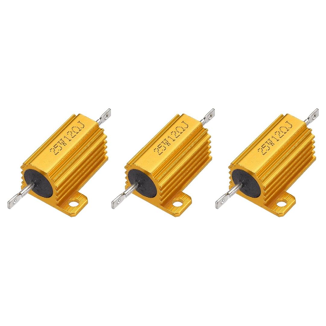 Uxcell 3pcs 25W 12 Ohm 5% Aluminum Housing Case Resistor, Wirewound Resistors Screw Tap Chassis Mounted, Gold