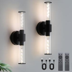 Black Battery Operated Wall Sconces Set of Two Modern Rechargeable Wall Sconces with Remote Control LED Dimmable Wall Lights for Living Room Bedroom Hallway (2 Pack)