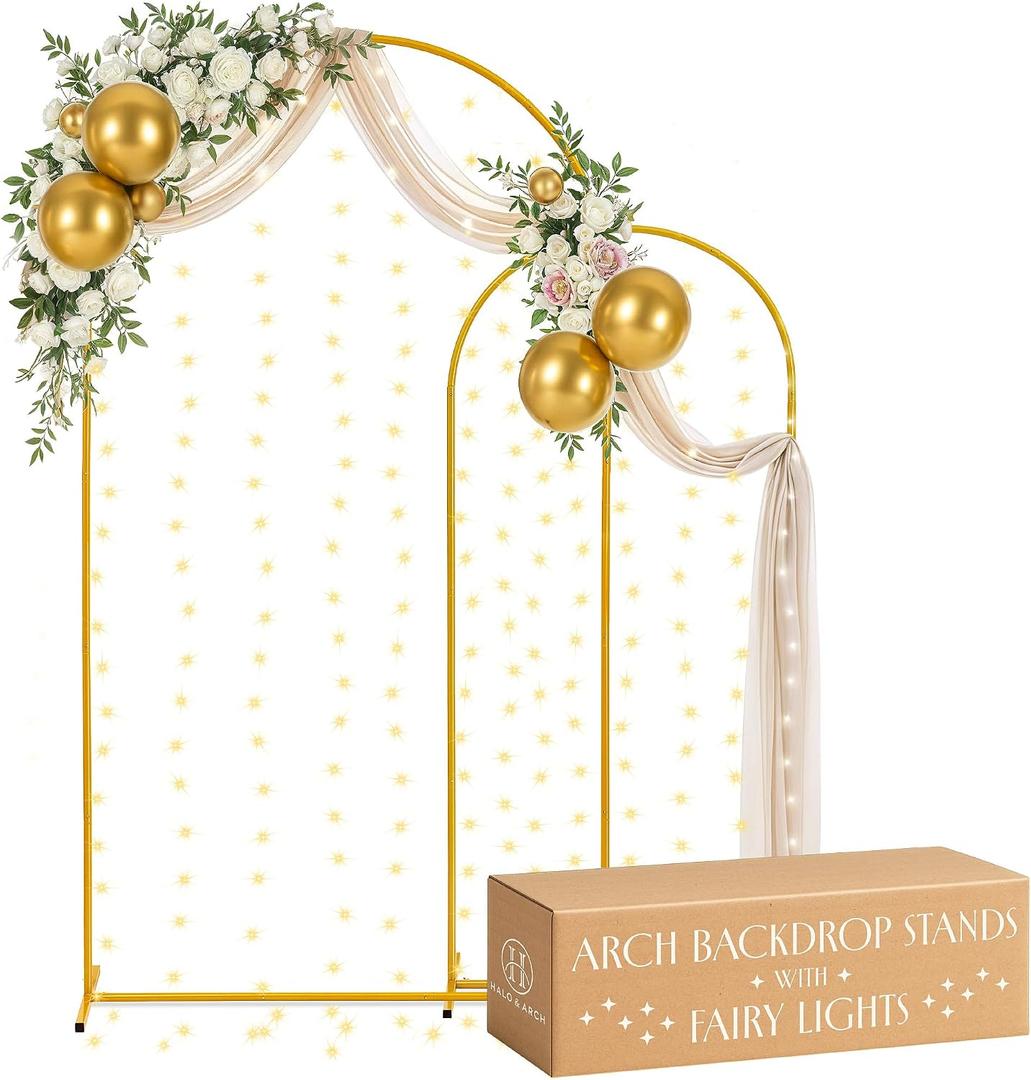 Gold Metal Arch Backdrop Stand for Wedding & Birthday Party Decorations, Foldable Balloon Arch Frame with Easy Assembly, Photo Booth Backdrop Dcor with Fairy Lights Options