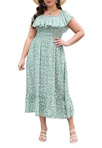 Keluummi Plus Size Summer Maxi Dresses for Curvy Women, Casual Floral Off Shoulder Long Church Sundress with Empire Waist(24 Plus, Light Green Floral)