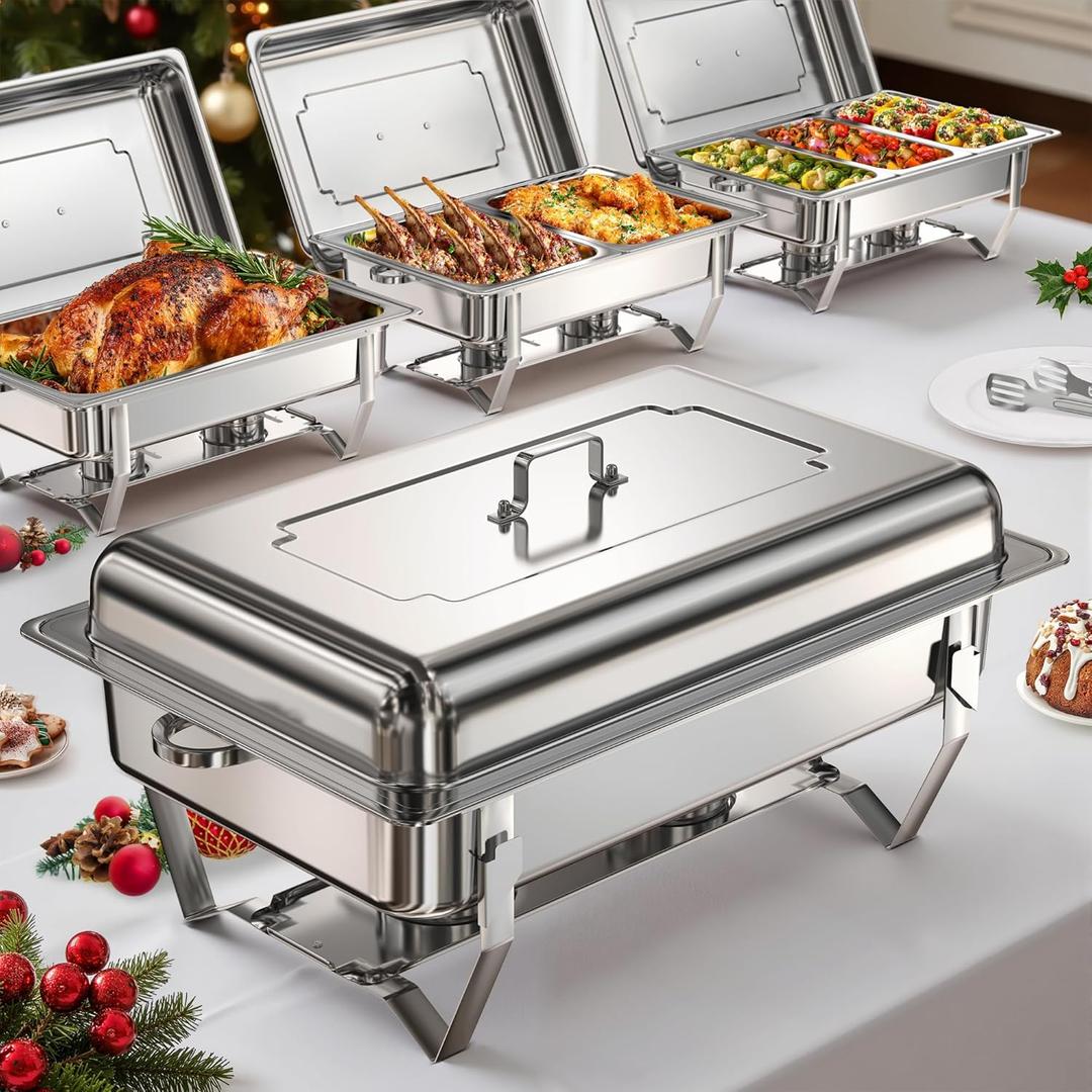 WARMOUNTS Rectangular Chafing Dishes for Buffet with Upgraded Multi-Size Food Pans (9QT, 4Pack), Large Chafing Dish Set w/Mirror-Polished Stainless Steel, Rolled Rim, Foldable Frame, for Parties