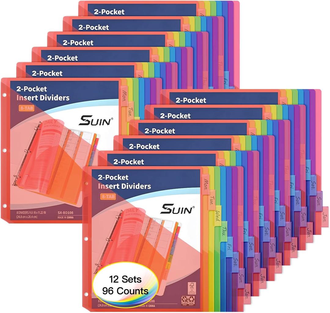 SUIN 8-Tab Insertable Binder Dividers with Double Pockets - Translucent Plastic Page Separators for 3 Ring Binder, Front & Back Storage, Durable Poly, Letter Size, Rainbow Colors, 12-Pack