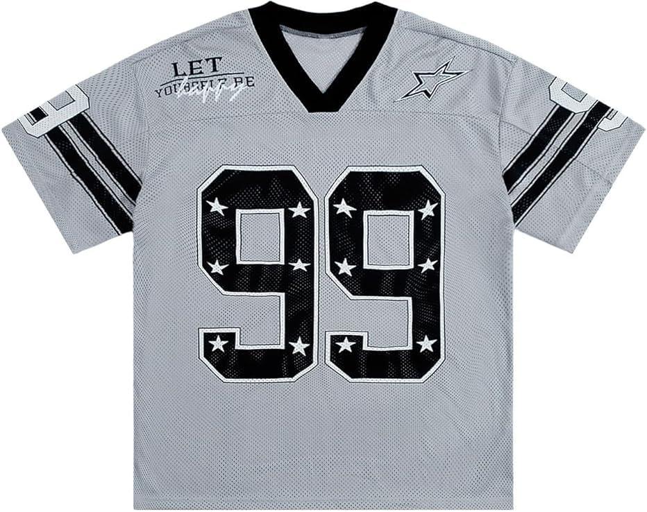 QJQ Men's Jersey Shirts Short Sleeve V Neck Graphic T Shirts Baggy Oversized Tee Summer Y2k Tops Streetwear (Gray, L)
