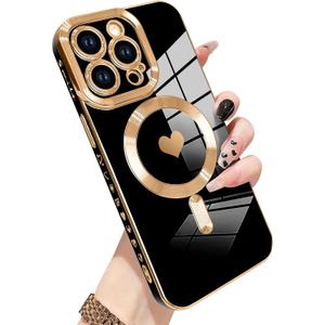 Bonoma Compatible wtih iPhone 15 Pro Max Case [Support Magsafe] Love Heart Pattern Magnetic Plating Electroplate Luxury Elegant Case Camera Protector Soft TPU Shockproof Corner Back Cover -Black